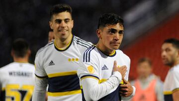 Boca Juniors' Luca Langoni celebrates after scoring against Godoy Cruz during the Argentine Professional Football League Tournament 2022 football match at the Malvinas Argentinas stadium in Mendoza, Argentina, on September 23, 2022. (Photo by Andres Larrovere / AFP)