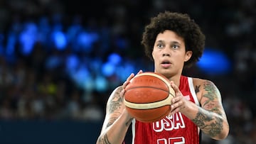 USA's #15 Brittney Griner takes a free throw in the women's quarterfinal basketball match between Nigeria and USA during the Paris 2024 Olympic Games at the Bercy Arena in Paris on August 7, 2024. (Photo by Aris MESSINIS / AFP)