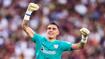 BARCELONA, SPAIN - AUGUST 24: Alex Padilla of Athletic Club celebrates after the first goal of his team scored by Oihan Sancet of Athletic Club (not in frame) during the La Liga match between FC Barcelona and Athletic Club at Camp Nou on August 24, 2024 in Barcelona, Spain. (Photo by Manuel Queimadelos/Quality Sport Images/Getty Images)