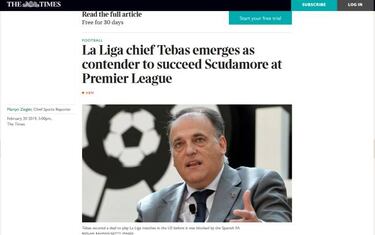 The Times: Tebas, candidato para ser el nuevo CEO de la Premier