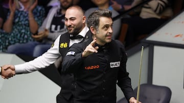 Ronnie O'Sullivan and Hossein Vafaei after their match during day eight of the Cazoo World Snooker Championship at the Crucible Theatre, Sheffield. Picture date: Saturday April 22, 2023. (Photo by Richard Sellers/PA Images via Getty Images)