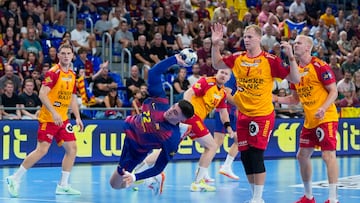 El pivote del Barça Ludovic Fabregas lanza a puerta durante el partido de Liga de Campeones de balonmano que Barça y GOG Gudme ,