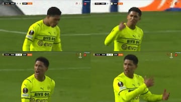 Jude Bellingham, jugador del Borussia Dortmund, se queja a su compañero Nico Schulz tras un mal pase.