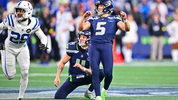 SEATTLE, WASHINGTON - DECEMBER 14: Jason Myers #5 of the Seattle Seahawks kicks a 56-yard field goal against the Indianapolis Colts during the fourth quarter at Lumen Field on December 14, 2025 in Seattle, Washington. Jane Gershovich/Getty Images/AFP (Photo by Jane Gershovich / GETTY IMAGES NORTH AMERICA / Getty Images via AFP)