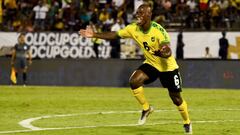 Jamaica&#039;s Dever Orgill celebrates after scoring a goal during the 2019 Concacaf Gold Cup match between Jamaica and Honduras, on June 17, 2019 at Independence Park in Kingston. (Photo by CHANDAN KHANNA / AFP)