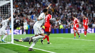 Real Madrid's French forward #10 Kylian Mbappe celebrates scoring his team's first goal during the UEFA Champions League quarter final first leg football match between Real Madrid CF and FC Bayern Munich at Santiago Bernabeu Stadium in Madrid on April 7, 2026. (Photo by Thomas COEX / AFP)