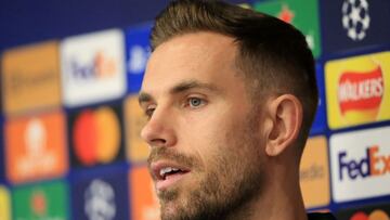 Liverpool&#039;s English midfielder Jordan Henderson attends a press conference at Anfield Stadium in Liverpool, north west England, on April 26, 2022, on the eve of their UEFA Champions League semi-final first leg  football match against Villarreal. (Pho