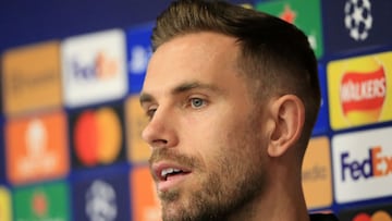 Liverpool&#039;s English midfielder Jordan Henderson attends a press conference at Anfield Stadium in Liverpool, north west England, on April 26, 2022, on the eve of their UEFA Champions League semi-final first leg  football match against Villarreal. (Pho