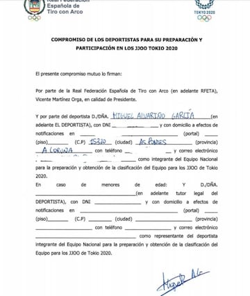 AS tuvo accedo al documento que Alvariño firmó con la Federación que confirmaba su plaza en los Juegos.