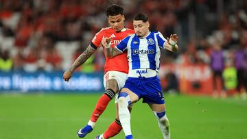 SL Benfica's Colombian midfielder #20 Richard Rios (L) and FC Porto's Spanish forward #17 Borja Sainz fight for the ball during the Portuguese League football match between SL Benfica and FC Porto at Estadio da Luz in Lisbon on March 8, 2026. (Photo by PATRICIA DE MELO MOREIRA / AFP)