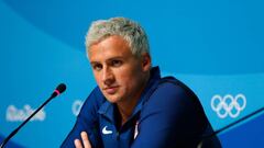 Ryan Lochte of the United States attends a press conference in the Main Press Center on Day 7 of the Rio Olympics 