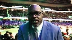 Shaquille O'Neal courtside at an NBA game in his capacity as a commentator.