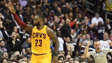 Feb 6, 2017; Washington, DC, USA; Cleveland Cavaliers forward LeBron James (23) reacts after making a three point shot during the fourth quarter against the Washington Wizards at Verizon Center. Cleveland Cavaliers defeated Washington Wizards 140-135 in third quarter. Mandatory Credit: Tommy Gilligan-USA TODAY Sports