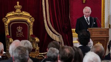 Britain's King Charles III speaks during a meeting of the Accession Council in the Throne Room inside St James's Palace in London on September 10, 2022, to proclaim him as the new King. - Britain's Charles III was officially proclaimed King in a ceremony on Saturday, a day after he vowed in his first speech to mourning subjects that he would emulate his "darling mama", Queen Elizabeth II who died on September 8. (Photo by Jonathan Brady / POOL / AFP) (Photo by JONATHAN BRADY/POOL/AFP via Getty Images)