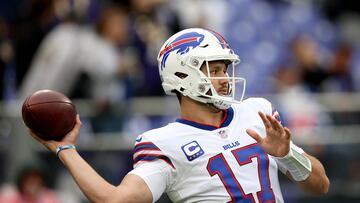 BALTIMORE, MARYLAND - OCTOBER 02: Quarterback Josh Allen #17 of the Buffalo Bills warms up against the Baltimore Ravens at M&T Bank Stadium on October 02, 2022 in Baltimore, Maryland.   Rob Carr/Getty Images/AFP