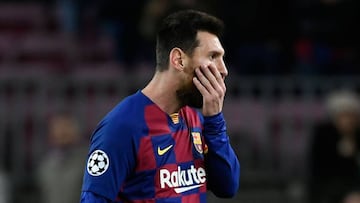 Barcelona's Argentine forward Lionel Messi reacts at the end of the UEFA Champions League group F football match between FC Barcelona and SK Slavia Prague at the Camp Nou stadium in Barcelona on November 5, 2019. (Photo by LLUIS GENE / AFP)