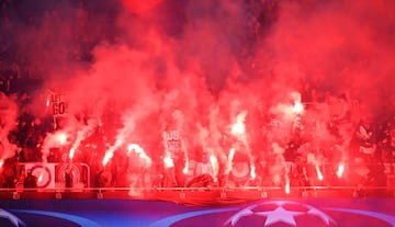 PSG fans light flares during the UEFA Champions League Round of 16 Second Leg match between Paris Saint-Germain and Real Madrid at Parc des Princes on March 6, 2018 in Paris, France.