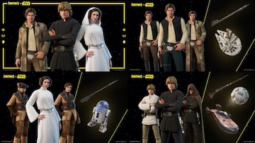 Im&aacute;genes oficiales de las skins de Luke Skywalker, Leia Organa y Han Solo y sus accesorios en Fortnite