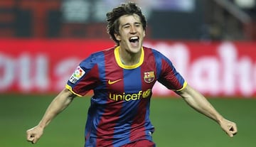 Bojan celebra un gol con el Barcelona.