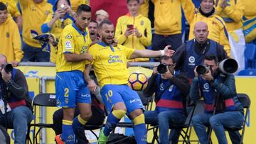 Jes&eacute; celebrates his opening goal for Las Palmas, against Osasuna