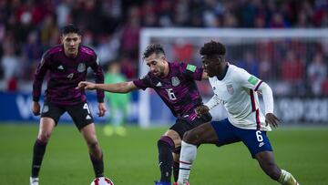 (L-R), Hector Herrera of Mexico and Yunus Musah of USA  during the game United States vs Mexico, corresponding to CONCACAF World Cup Qualifiers road to the FIFA World Cup Qatar 2022, at TQL Stadium, on November 12, 2021.

<br><br>

(I-D), Hector Herrera de Mexico y Yunus Musah de USA durante el partido Estados Unidos vs Mexico, correspondiente a la Clasificacion de la CONCACAF camino a la Copa Mundial de la FIFA Qatar 2022, en el Estadio TQL, el 12 de Noviembre de 2021.