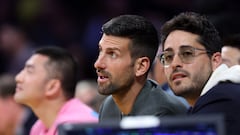 LOS ANGELES, CALIFORNIA - MARCH 16: Professional tennis player Novak Djokovic of Serbia looks on during the second half of a game between the Los Angeles Lakers and the Golden State Warriors at Crypto.com Arena on March 16, 2024 in Los Angeles, California. NOTE TO USER: User expressly acknowledges and agrees that, by downloading and or using this photograph, User is consenting to the terms and conditions of the Getty Images License Agreement.   Sean M. Haffey/Getty Images/AFP (Photo by Sean M. Haffey / GETTY IMAGES NORTH AMERICA / Getty Images via AFP)