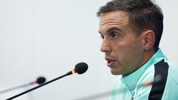 LEGANÉS (MADRID), 29/10/2024.- El entrenador del Leganés, Borja Jiménez, ofrece una rueda de prensa, este martes, un día antes del partido de Copa del Rey contra el Ciudad de Lucena. EFE/ Mariscal