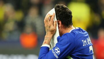 Soccer Football - Champions League - Quarter Final - Second Leg - Borussia Dortmund v Atletico Madrid - Signal Iduna Park, Dortmund, Germany - April 16, 2024  Atletico Madrid's Jose Gimenez looks dejected after the match REUTERS/Wolfgang Rattay