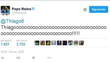 Pepe Reina celebró el gol de Thiago en las redes.