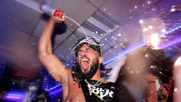 LOS ANGELES, CALIFORNIA - SEPTEMBER 24: Fernando Tatis Jr. #23 of the San Diego Padres celebrates in the clubhouse after the 4-2 win against the Los Angeles Dodgers to clinch a playoff spot at Dodger Stadium on September 24, 2024 in Los Angeles, California. Katelyn Mulcahy/Getty Images/AFP (Photo by Katelyn Mulcahy / GETTY IMAGES NORTH AMERICA / Getty Images via AFP)