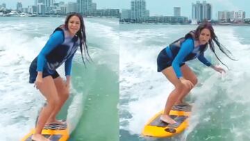 Shakira shows off her surfing skills again and gives a sneak peak of a new song