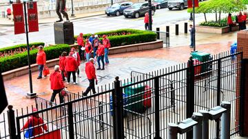 ST LOUIS, MO - APRIL 11: Fans leave the stadium after the game between the St. Louis Cardinals and Pittsburgh Pirates has been postponed due to rain at Busch Stadium on April 11, 2022 in St Louis, Missouri. (Photo by Joe Puetz/Getty Images)