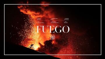 Portada del vídeo FUEGO de Kilian Bron, con el rider francés practicando MTB con el Volcán de Fuego (Guatemala) en erupción.