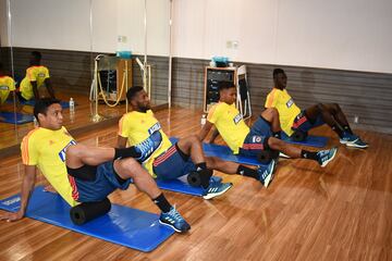 Los jugadores de la Selección Colombia haciendo gimnasio en su segundo día de entrenamiento en la concentración ubicada en Japón. 