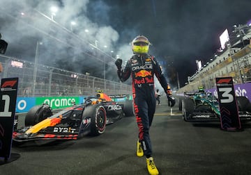 FILE PHOTO: Formula One F1 - Saudi Arabian Grand Prix - Jeddah Corniche Circuit, Jeddah, Saudi Arabia - March 19, 2023 Red Bull's Sergio Perez celebrates after winning the Saudi Arabian Grand Prix Pool via REUTERS/Luca Bruno/File Photo