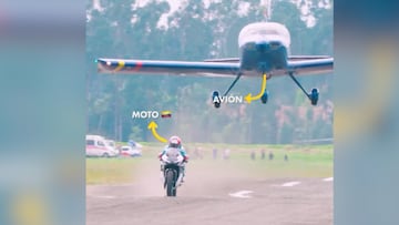 El piloto colomboespañol de Moto2 aceptó una prueba extrema sobre la pista, midiendo su velocidad frente a una aeronave.