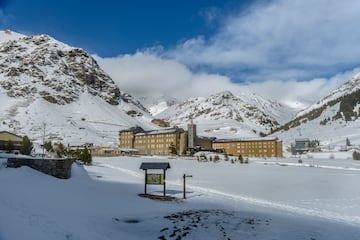 [UNVERIFIED CONTENT] After an snowing night the sunny day shows the Sanctuary and Hotel of Vierge of Nuria shinning on the valley.