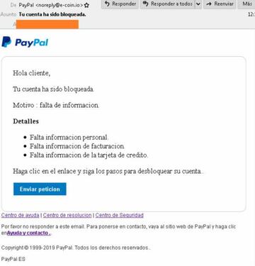 El cuerpo del falso email de Paypal
