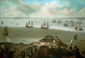 Pintura que representa al buque 'HMS Tyger' tomando el "Schakerloo" en el puerto de Cádiz el 23 de febrero de 1674.