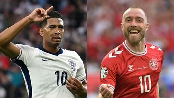 (COMBO) This combination of pictures created on June 18, 2024 shows England's midfielder #10 Jude Bellingham celebrating scoring his team's first goal during the UEFA Euro 2024 Group C football match between Serbia and England at the Arena AufSchalke in Gelsenkirchen on June 16, 2024, and Denmark's midfielder #10 Christian Eriksen celebrating scoring his team's first goal during the UEFA Euro 2024 Group C football match between Slovenia and Denmark at the Stuttgart Arena in Stuttgart on June 16, 2024. Denmark will face England at the Frankfurt Arena in Frankfurt am Main on June 20, 2024. (Photo by OZAN KOSE and DAMIEN MEYER / AFP)