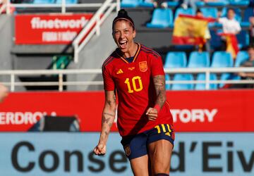 Jenni Hermoso celebrates scoring a goal during the women's international friendly football match between Spain and Norway at the Can Misses stadium in Ibiza on April 6, 2023. 