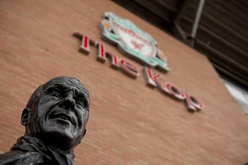 A view of the statue of Bill Shankly which is placed outside KOP stand at Liverpool FC stadium at Anfield, Liverpool.