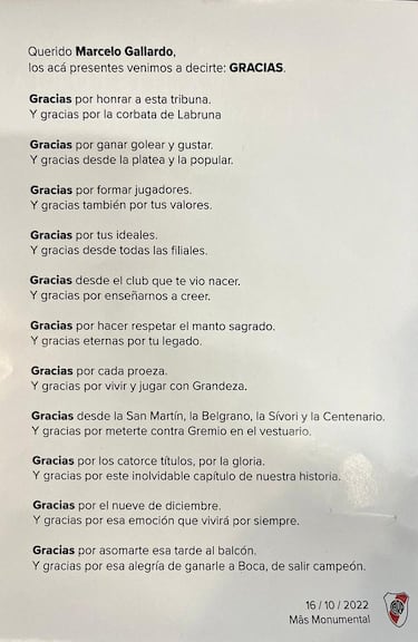 La carta completa de Juanfer y los hinchas al Muñeco Gallardo