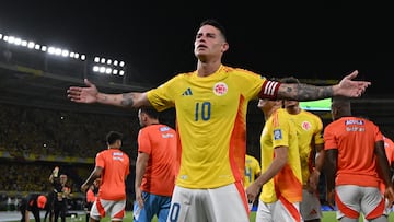 Colombia's midfielder #10 James Rodriguez celebrates scoring his team's first goal during the 2026 FIFA World Cup South American qualifiers football match between Colombia and Bolivia at the Roberto Melendez Metropolitan stadium in Barranquilla, Colombia on September 4, 2025. (Photo by Luis ACOSTA / AFP)