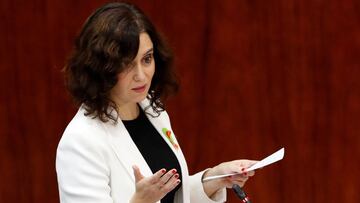 MADRID, 19/11/2020.- La presidenta madrile&ntilde;a, Isabel D&iacute;az Ayuso, durante su intervenci&oacute;n en el pleno de la Asamblea de Madrid de este jueves en el que debe responder a preguntas de la oposici&oacute;n sobre igualdad, violencia machist