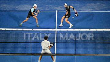 Rome (Italy), 12/07/2023.- Spanish Juan Lebron (L) and Spanish Alejandro Galan (R) in action against Spanish Antonio Fernandez and Spanish Pablo Cardona during their match at the BNL Italy Major Premier Padel tournament, in Rome, Italy, 12 July 2023. (Italia, Roma) EFE/EPA/ALESSANDRO DI MEO