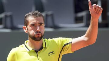 Marin Cilic celebra un tanto ante el español David Ferrer durante el partido de semifinales del torneo de Ginebra.