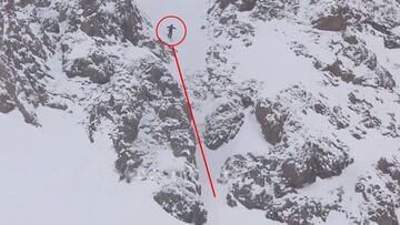 Aymar Navarro, dentro de un círculo rojo, a punto de realizar un salto -indicado con una línea roja- en Fieberbrunn (Austria) que le daría el Peak Performance Radical Moment del FWT.