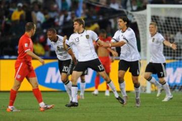 Germany 4 (Klose 20, Podolski 32, Mueller 67, 70) England 1 (Upson 37)  A youthful Germany team won a classic shoot-out in Bloemfontein in a match which generated yet more goal-line controversy.  Joachim Low's side built a two-goal lead through early goal