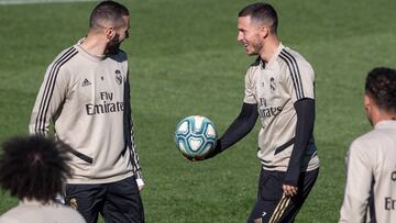 Hazard y Benzema bromean durante el &uacute;ltimo entrenamiento del Real Madrid.